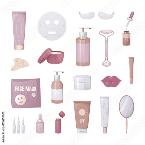 Set of skincare beauty products and tools