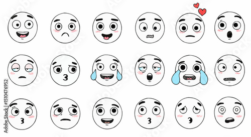 Funny cartoon face icons set: diverse expressive avatars of people with smiles, sad, and angry emotions
