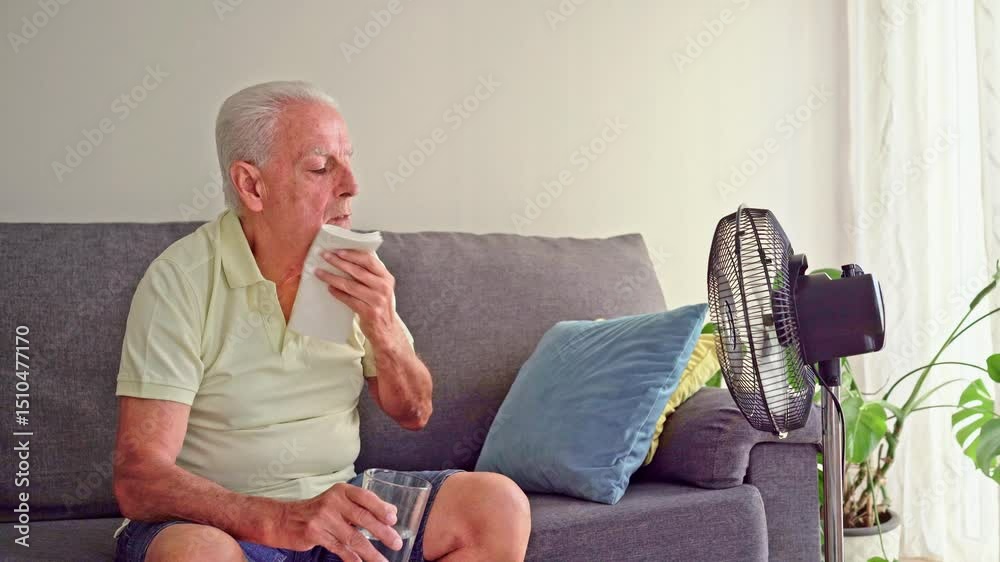 Video of senior man refreshing with electric fan and drinking water in summer heat at home