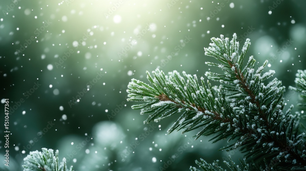 Snowy pine branch in winter forest with falling snow Snowy pine branch in winter forest with falling snow