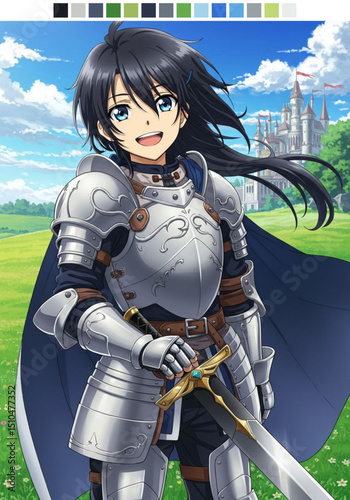 Anime Knight Young Warrior in Shining Armor, Fantasy Art Illustration