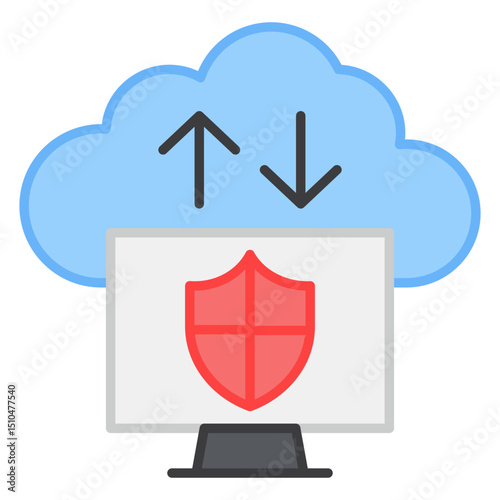 Secure Cloud Data Transfer Icon Computer Screen with Shield and Up Down Arrows