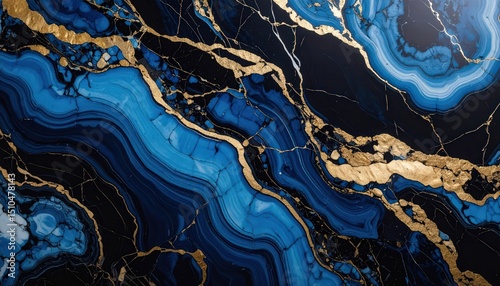 Abstract Blue Agate Texture with Golden Veins and Dark Accents