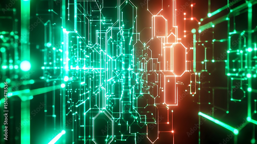Obraz premium Digital circuit network with glowing green and red futuristic technology background