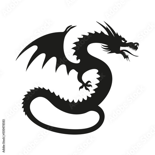 Majestic black dragon silhouette mythical creature design