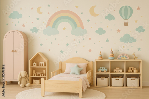 Wooden bed, toys, rainbow mural in child's room.