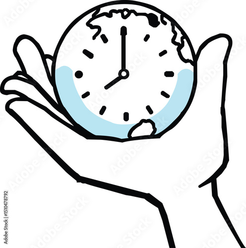 Vector Hand Holding World Clock, Global Time Management Concept Icon.