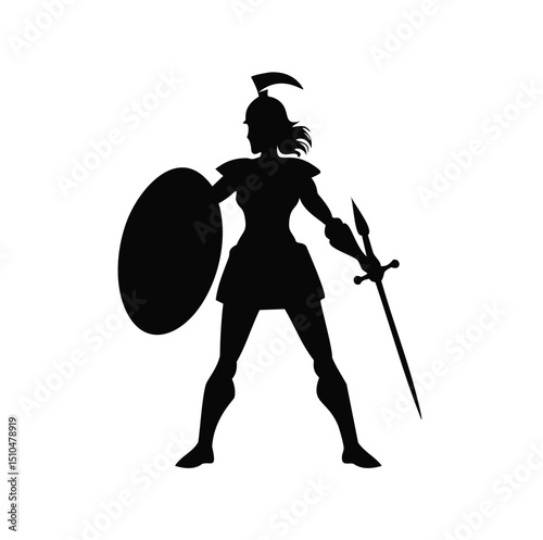 Brave female warrior silhouette shield sword