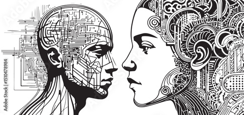 A black and white image of two faces, one male and one female, composed of circuits.