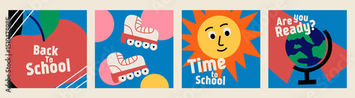 Set of Back to school cards. Flat style education icons, symbols, doodles on blue square background. Art collage, papers, hand drawn fun design elements. Bright colorful school subjects concept.