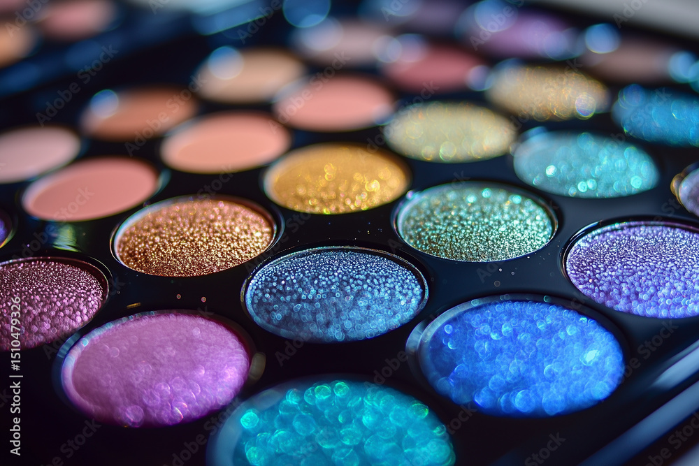 Naklejka premium Close-up photo of a big eyeshadow, glittery shimmer colorful eyeshadows, blue, green, gold, brown and pink color.