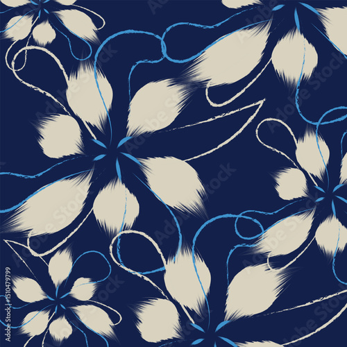 A seamless flowers textile sketch blue and cream stoked pattern used for background and with pattern and textile, dynamic, expressive feel to the floral vector.