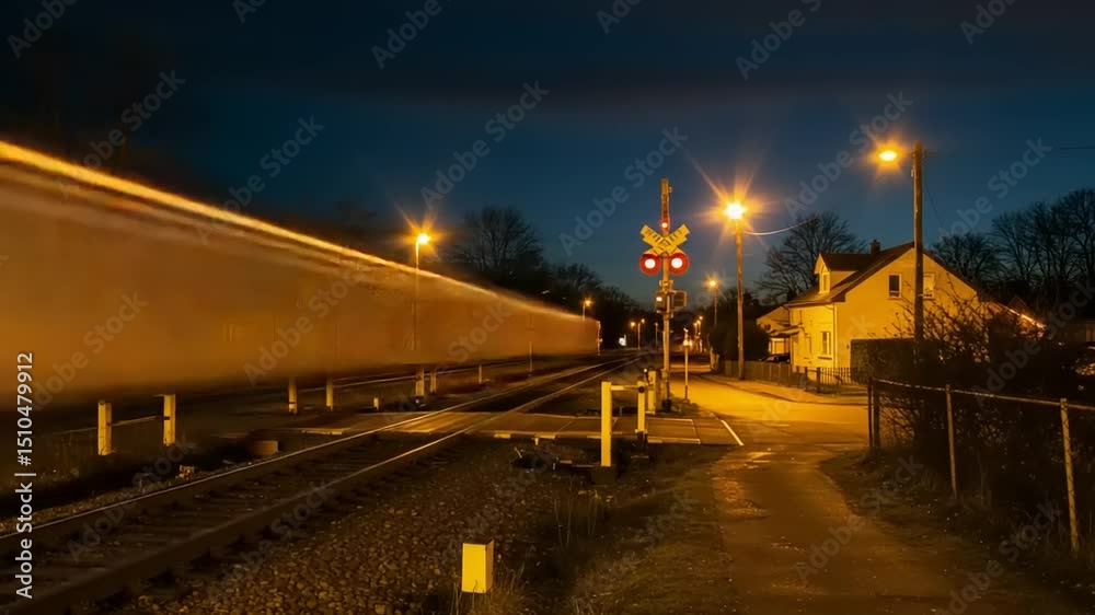 Nighttime view of a quiet train crossing with illuminated signals and houses along the street