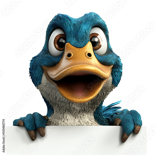 Cheerful Blue Bird Cartoon Character Peeking Over White Sign isolated PNG transparent background