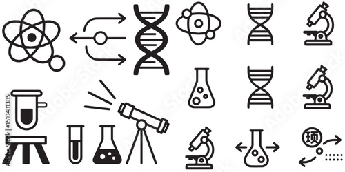 Vector icons representing science equipment are displayed, such as flasks, test tubes, atoms, DNA, and microscopes.