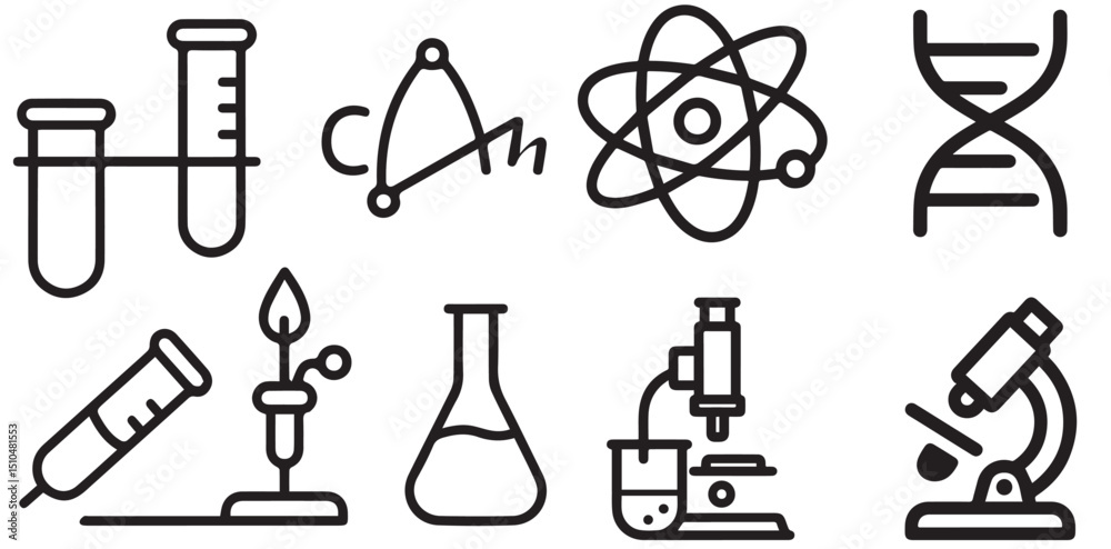 Fototapeta premium Vector icons representing science equipment such as flasks, test tubes, atoms, DNA, and microscopes.