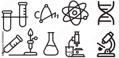 Vector icons representing science equipment such as flasks, test tubes, atoms, DNA, and microscopes.
