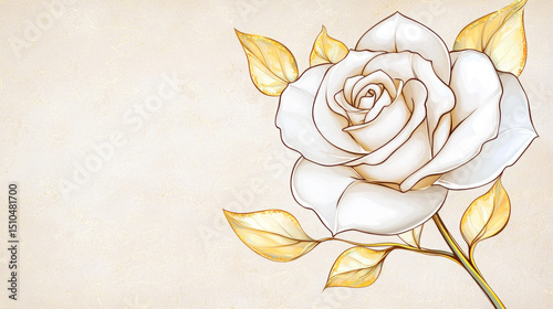 A white rose with yellow leaves is the main focus of the image