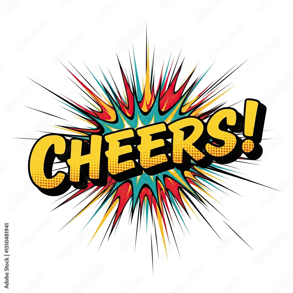 Naklejka premium Retro Pop Art Explosion Illustration with Comic Style “Cheers!” Text