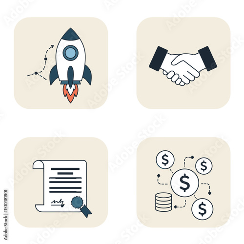 Startup Funding and Venture Capital Icons Set for Entrepreneurs and Investors