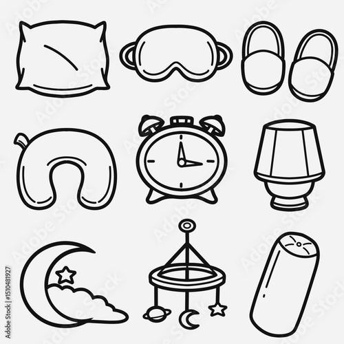 set of bedtime decoration with outline style good for icon, symbol, element design, coloring book, coloring page, etc