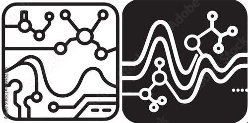 Two vectorized graphics use lines to abstractly represent scientific concepts such as molecules and waves.