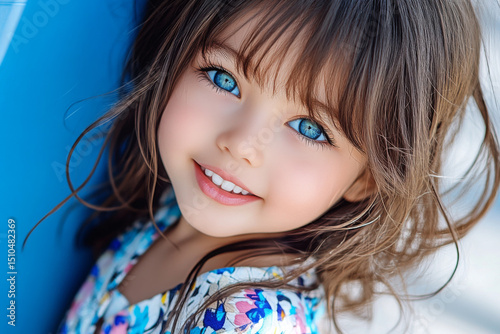 A young girl with blue eyes and blonde hair is smiling at the camera