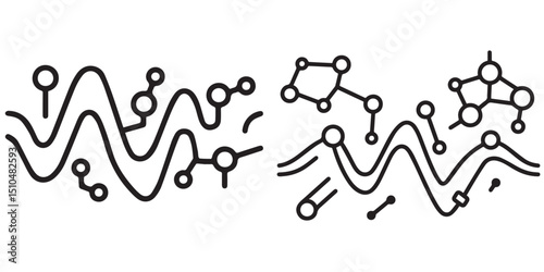Stylized vector graphics use lines and circles to abstractly represent scientific concepts, such as molecules and waves.
