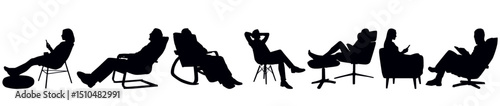 silhouette of people relaxing and resting on chair, hammock, reading and sleeping.  People relaxing time. 