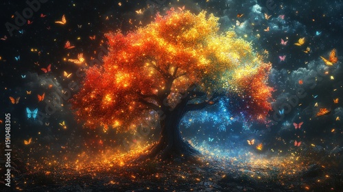 Illuminated tree, vibrant colors, mystical butterflies