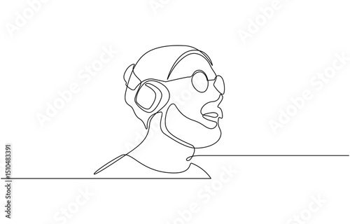Single one line drawing man wearing headphones, Continuous one line drawing of happy man wearing headphone. Man listening music on headphones or earphones illustration. Editable vector.