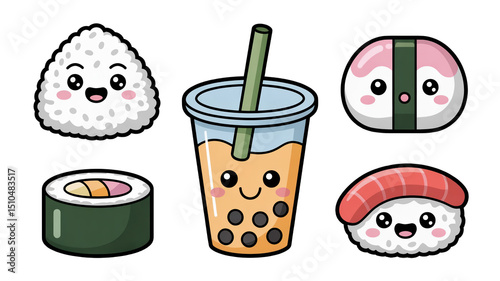  illustration featuring kawaii style japanese food and drink icons, including onigiri, bubble tea, sushi, and maki, all with cheerful, smiling faces on a transparent background