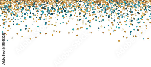 Abstract confetti pattern with gold and teal colors isolated on transparent background