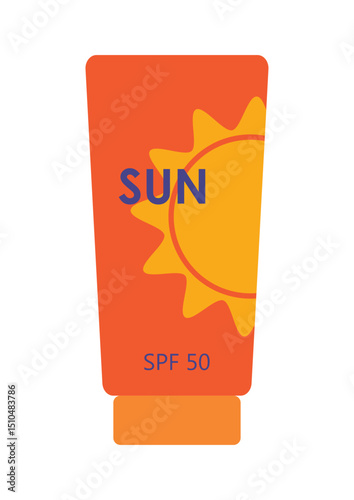 Orange tube of sunscreen on white background, sun protection product vector illustration. Summer products advertisement.