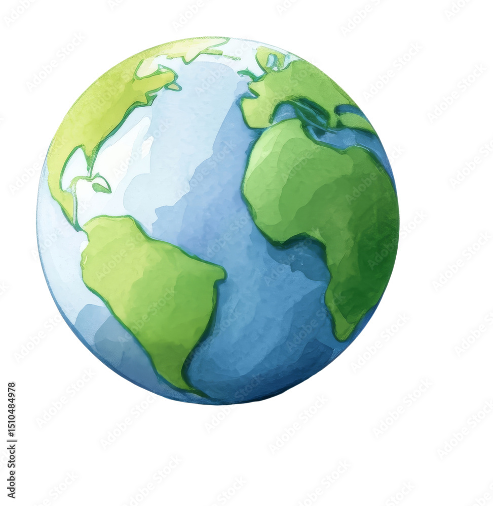 Fototapeta premium Colorful globe illustration featuring continents green and blue tones, showcasing watercolor style that evokes sense of creativity and exploration