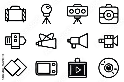Collection of simple black and white icons illustrating film production and videography elements