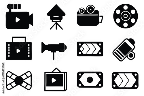 Collection of black and white film production icons representing various filming equipment