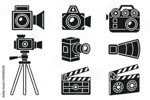 Set of illustrated black and white video camera and clapperboard icons and symbols