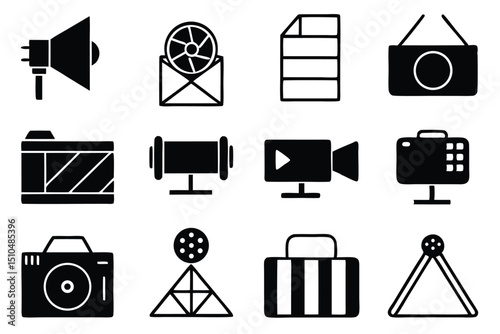 Vector icon set of media and entertainment elements black and white silhouettes