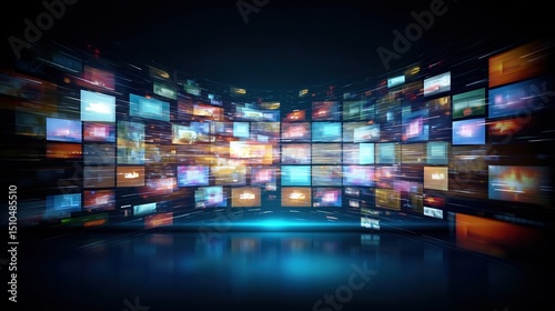 Abstract dynamic digital media and motion technology concept with flying television screens, streaming visuals, and blurred multimedia elements in air. Futuristic background for online streaming platf