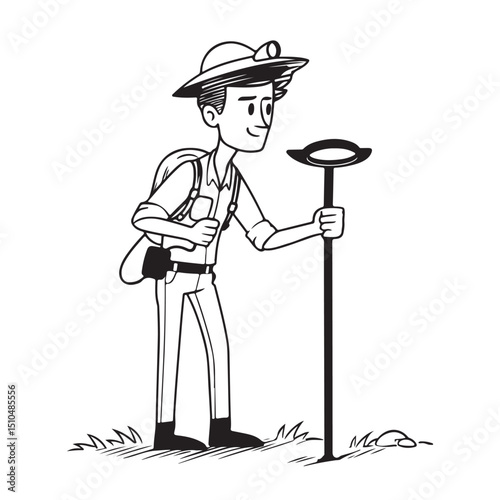 Cartoon illustration of a spelunker exploring a cave with a headlamp silhouette