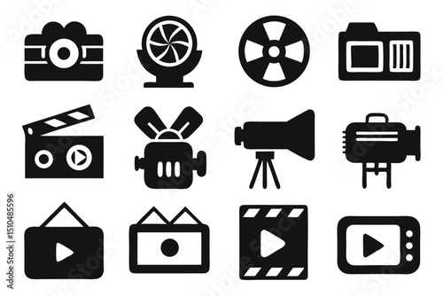 Collection of black and white filming and cinematography icons for creative media design
