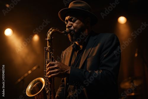 Man in suit and hat plays saxophone.