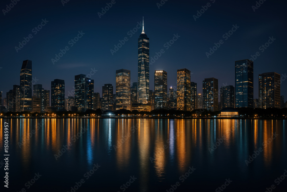 Fototapeta premium City skyline at night with glowing lights.