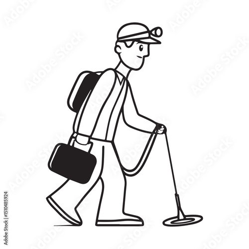 Metal detecting man with gear illustration black and white vector art silhouette