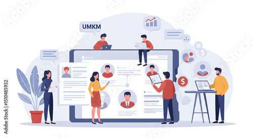 Business Team Analyzing Digital Profiles and Data on Large Screen in Modern Office
