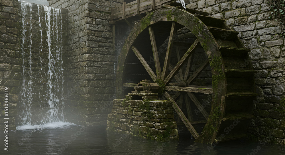 Fototapeta premium Ancient Water Mill Waterfall Rustic Stone Wheel Nature Scenery Tranquil