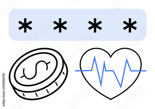 Password field with asterisks, coin with dollar sign, and heartbeat line. Ideal for security, finance, health, cyber protection, data privacy, authentication simple landing page