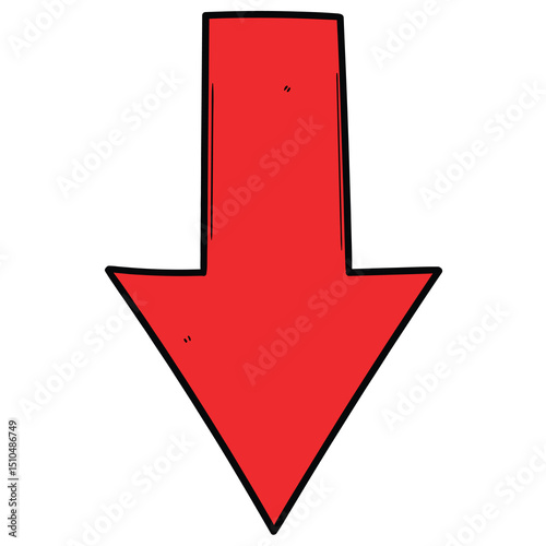 Hand drawn cartoon red arrow pointing down on white background.