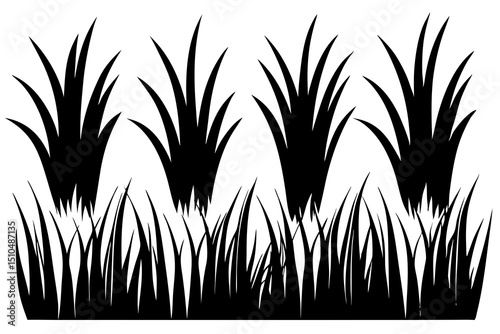 High-Contrast Black and White Silhouette of Tall Grass and Lush Botanical Foliage
